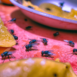 Familia de moscas de la fruta en una cocina sucia.