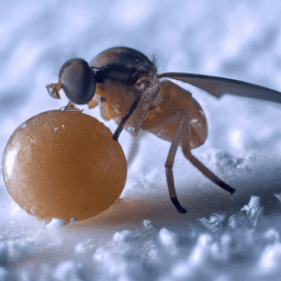 Ejemplar de mosca Ceratitis Capitata sobre un huevo en laboratorio.