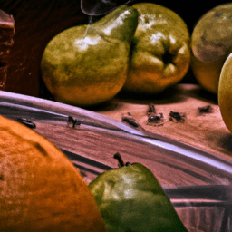 Fruta fresca rodeada de trampas caseras para moscas, mostrando control efectivo.