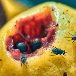 Fruta infestada con moscas siendo eliminadas con trampas caseras.