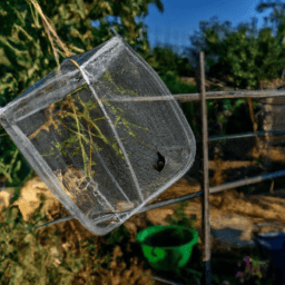 Trampa casera para moscas de la fruta en acción en un huerto.